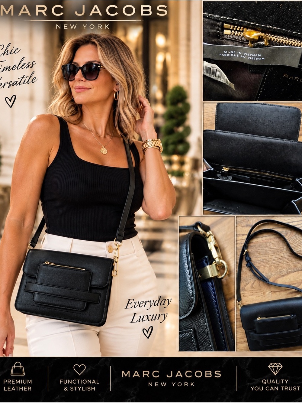 Marc Jacobs Black Leather Structured Crossbody with Gold Hardware